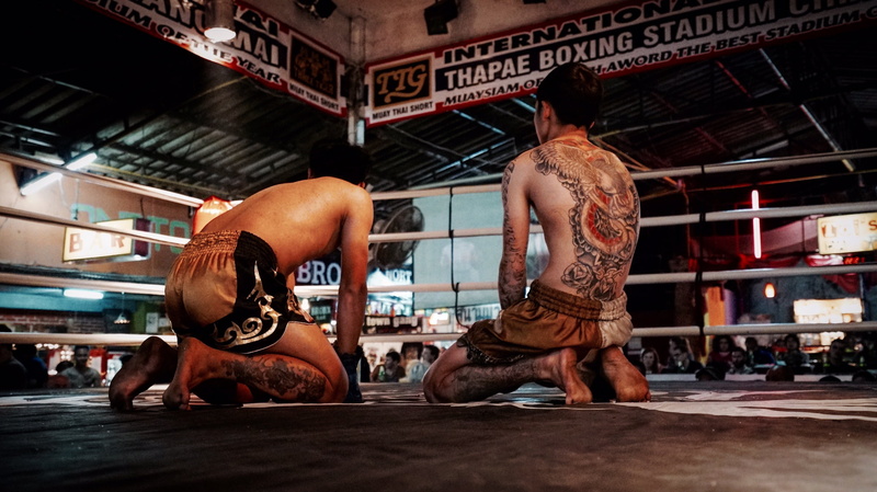 boxing, boxing ring, clothing, lights, tattoos, real people, strength, tattoo, full length, architecture, back, kneeling, men, two people, day, adult, person