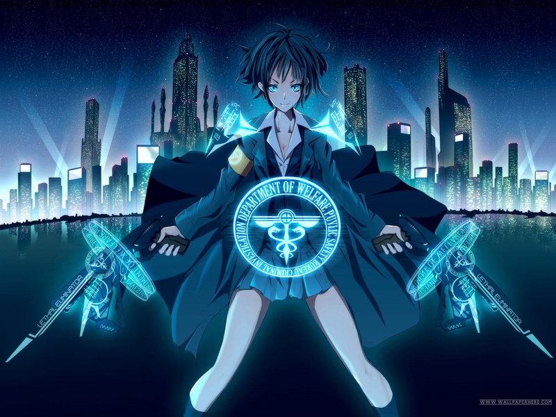 short-hair, magic, cool, blue-eyes, city-lights, fight, circle, girl, dark-hair, magic-circle, lights, city, 1080P, guns, power