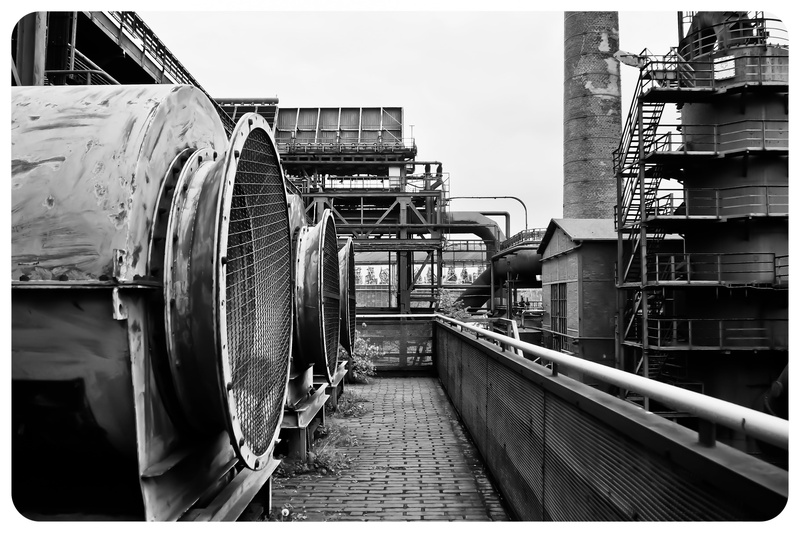 lapsed, transient, transfer print, day, old time, architecture, industrial architecture, pipes, steel mill, building, leave, pipe - tube, landmark, built structure