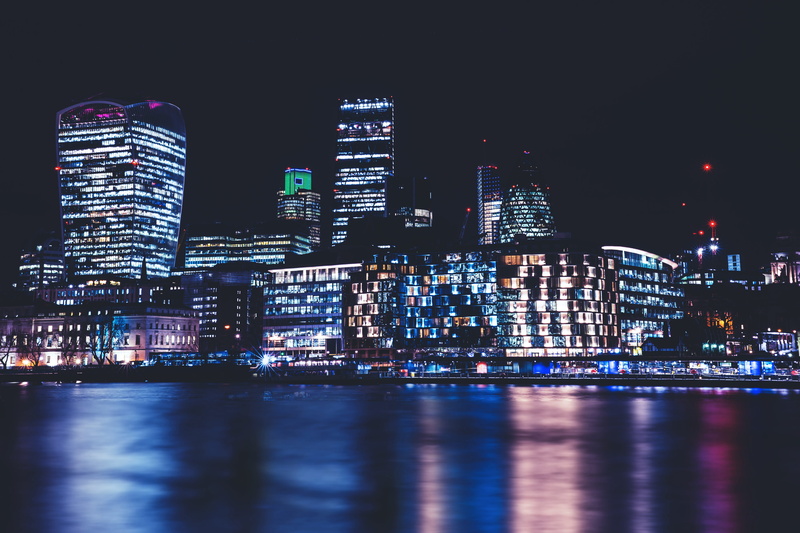 office Building, tall - high, water, residential district, city, skyscraper, river, built Structure, famous Place, dark, architecture, office building exterior