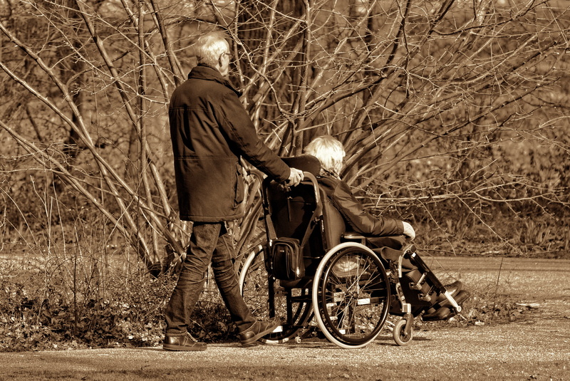 wheelchair, people, leisure activity, sitting, ill, field, man, park, medical equipment, plant, disabled, day, wheel chair, pushing wheelchair, woman, 2K