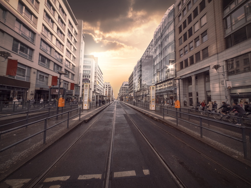 outdoors, germany, City, homes, building exterior, sunset, city, track, diminishing perspective, 5K, cloud - sky, cities, the way forward, building, photograph