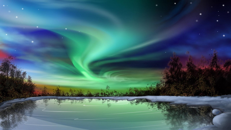 3d and abstract, lake, green, light, northern lights, aurora, mystical, 1080P, sky, cold, blue, nature
