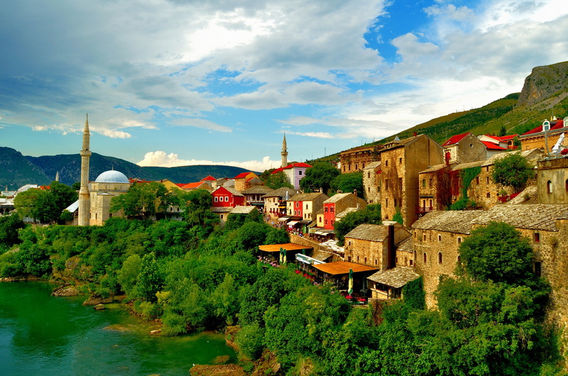 building, Bosnia and Herzegovina, home, the Neretva river, Neretva River, Mostar, mosque, 2K
