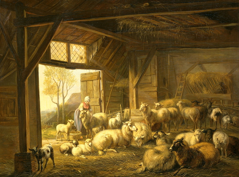 oil, Jan van Ravenswaay, Sheep and Goats in the Barn, 1080P, picture, animals, canvas
