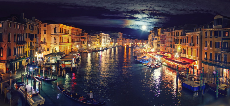 reflection, night, painting, canal, italy, grand, 2K, venice