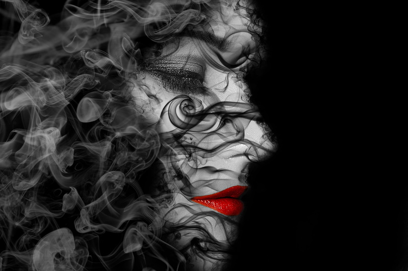 2K, vulnerability, social issues, studio shot, abstract, burning, woman, art, indoors, copy space, smoke - physical structure, digital composite, close-up
