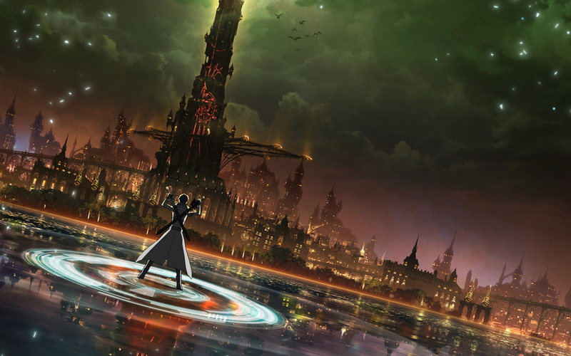 illustration, city, 1080P, building exterior, sky, nature, water, tower, black, Sword Art Online Movie: Ordinal Scale, travel, architecture, tree, anime