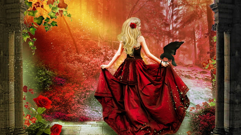 1080P, Hair, Red, Blonde, Girl, Dress, Crow, Forest, Fantasy, Art