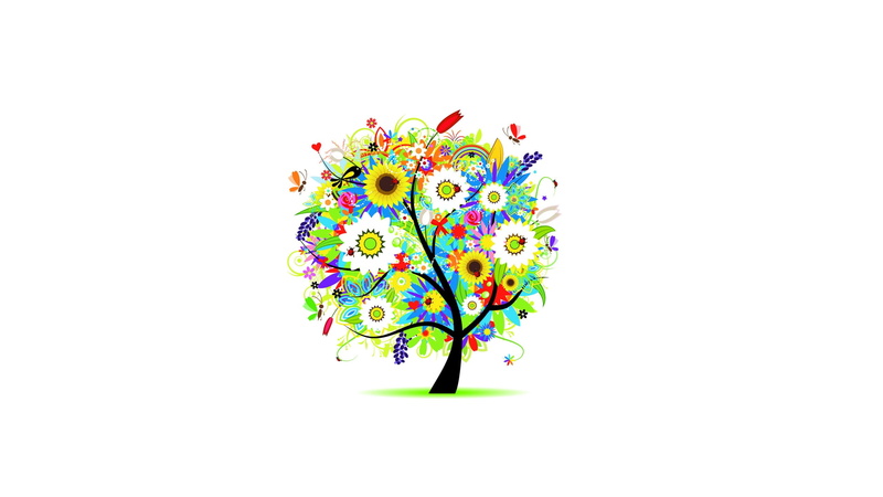 digital art, minimalism, Colorful, butterfly, blossom, White Background, heart, insect, Trees, 2K, flowers
