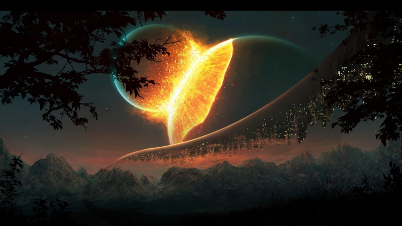 2K, sunset, poster, heat - temperature, outdoors, sky, environment, fi, Fall, artwork, plant, no people, rock, sun, orange color, nature, planet, motion