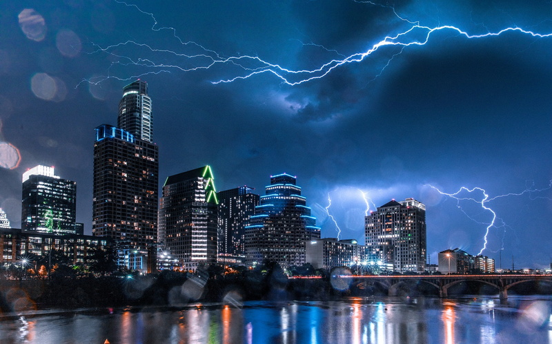 building, power, architecture, modern, storm, night, city, Austin, illuminated, cloud - sky, sky, 1080P, building exterior, thunderstorm, lightning, Texas