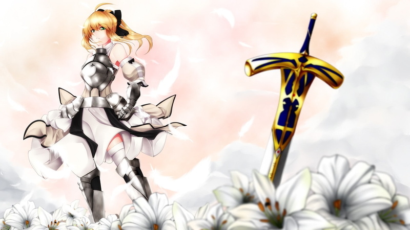 art, fatestay, hd, x, saber, fate, lily, anime, detached, stay, codes, 1080P, sleeves, unlimited, Fate/stay Night, night, swords, Flowers