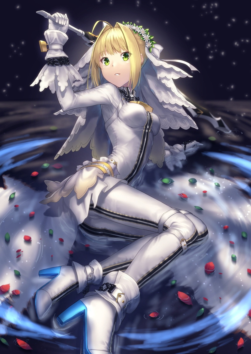 blond hair, Fate/Extra CCC, wet, 2K, Fate/Stay Night, bodysuit, representation, portrait, anime, anime girls, Saber Bride, illuminated, sword, robot, studio shot