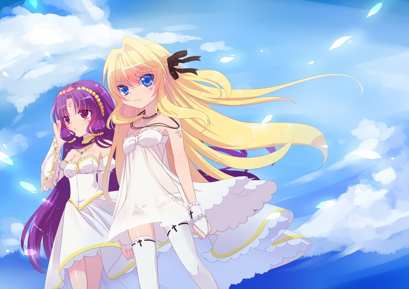 long, thighhighs, dress, original, hair, clouds, purple, necklace, maid, blue, eyes, blonde, vivi, 1080P