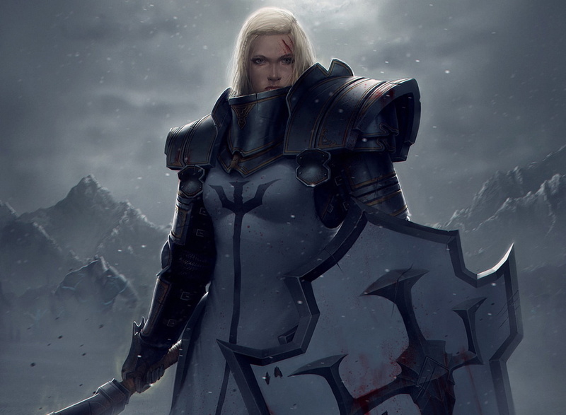 winter, blood, nature, looking at camera, mountains, clothing, snow, cloud - sky, holding, armor, three quarter length, diablo, girl, one person, females