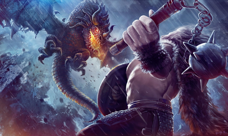 warrior, Morgenstern, dragon, fantasy, fire, fire-breathing, art, Mace, flight, shield, 1080P
