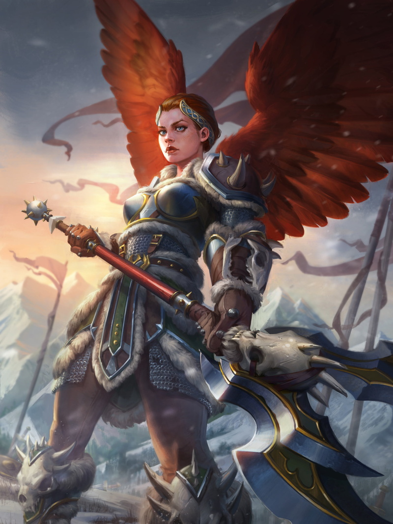 armor, redhead, mace, angel, skull, women, blue eyes, warrior, 2K, fantasy art, artwork, wings