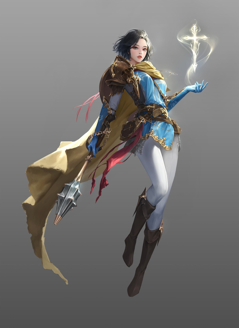 mace, 2K, Liz Son, short hair, floating, cleric, women, fantasy art, simple background, drawing, Dungeons and Dragons, cape, spell