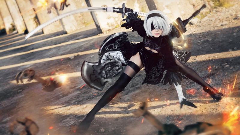 1080P, battle, No. 2 Yorha, Nier Automata, sparks, cosplay
