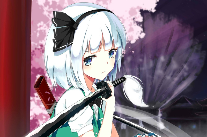 day, nature, sword, sunlight, silver hair, close-up, katana, portrait, short hair, representation, cherry blossom, helmet, blue eyes, one person, real people