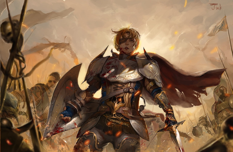 artwork, armor, female likeness, statue, sunlight, concept art, representation, shield, no people, day, nature, religion, sky, spirituality, front view