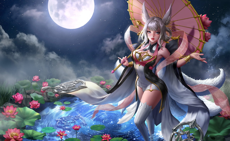 sky, water lilies, black clothing, pink, video game art, stars, flowers, ribbon, women, Jungmin Jin, blue eyes, white clothing, pond, gold, looking at viewer