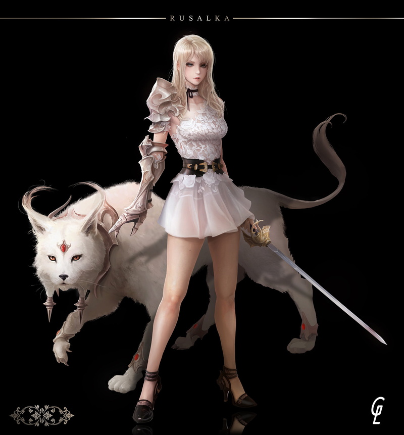 long hair, Beastmaster, 1080P, dress, gems, animals, blonde, dark, women, weapon, white clothing, shoes, feline, ruby, belt, armor, Park JunKyu, sword