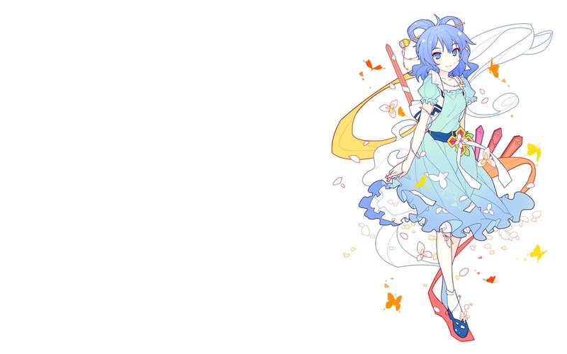 hair, short, video, seiga, necklaces, blue, ribbons, dress, girls, butterflies, touhou, flower, ideolo, petals, white, simple, 720P, background, anime