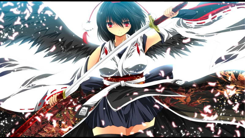 red, simple, games, hat, eyes, japanese, stockings, video, shameimaru, clothes, hats, skirts, black, tengu, aya, anime, short, sleeves, highs, bangs, weapons