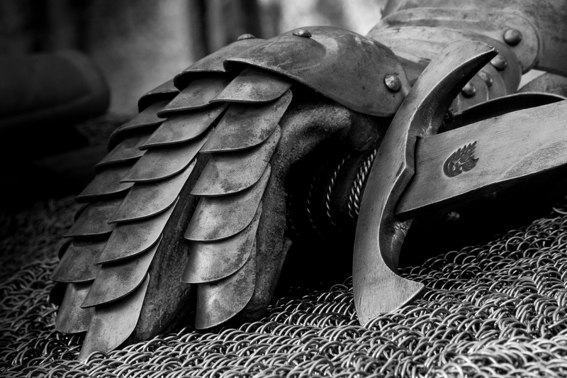 old knight armor, day, tire, old, security, grayscale, leather, still life, no people, armor, photography, protection, helmet, textured, swords, outdoors