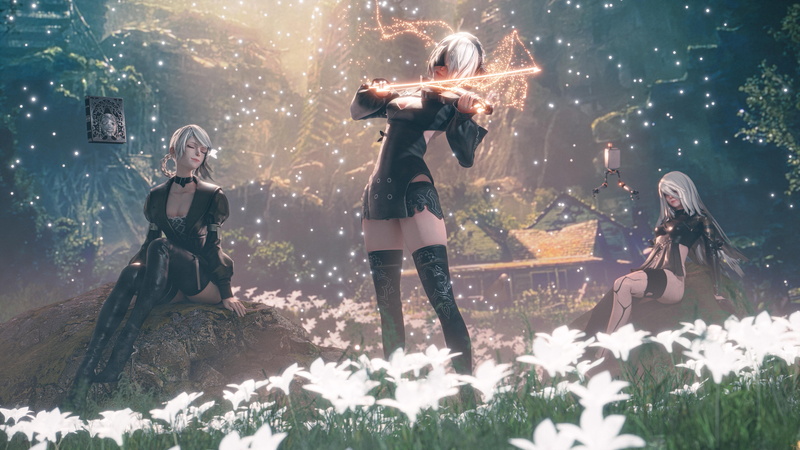 video game girls, illustration, 2B (Nier: Automata), silver hair, digital art, long hair, fantasy girl, closed eyes, video game characters, flowers, black clothing
