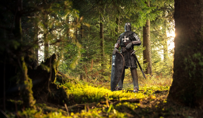 sculpture, digital, people, tree, art and craft, human representation, warrior, soldier, outdoors, statue, green, knight, sunlight, land, 5K, shield, woodland