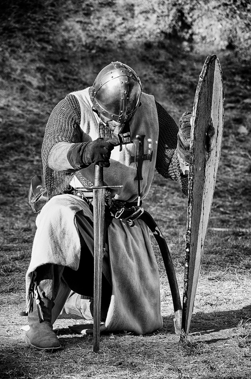 nature, 4K, headwear, full length, holding, sitting, lifestyles, clothing, photo, leisure activity, grayscale, helmet, day, portrait, sword, weapon, old-fashioned