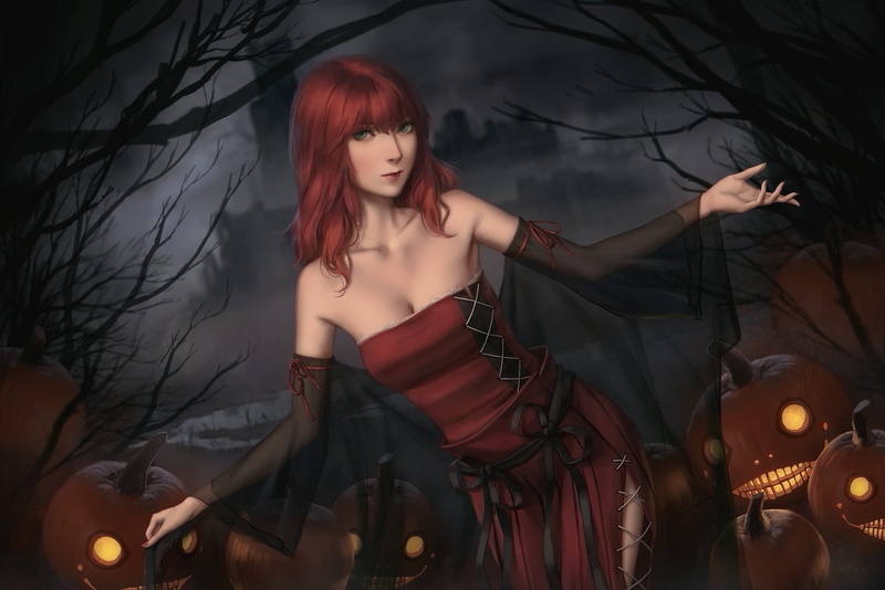 hair, red clothing, yellow eyes, dress, forest, young woman, Halloween, green eyes, tree bark, red dress, glowing eyes, Miura Naoko, pumpkin, digital painting