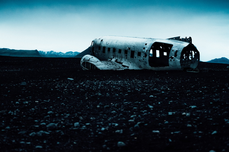 truck, transportation, run-down, environment, sky, clear sky, solheimasandur plane wreck, dark, crash, aircraft, outdoors, nature, air vehicle, abandoned