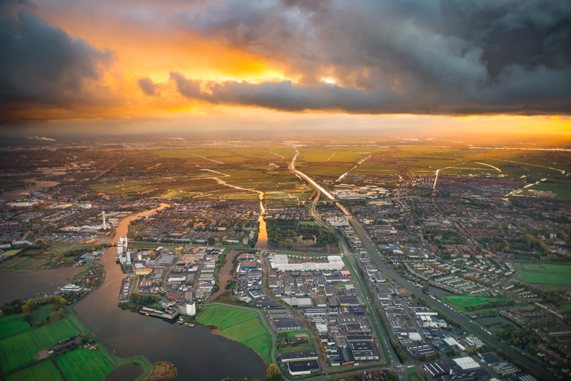 plane, aviation, cityscape, north holland, architecture, office building exterior, europe, airliner, clouds, wormerveer, aerial view, netherlands, aircraft