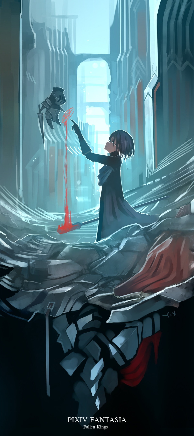 Pixiv Fantasia: Fallen Kings, short hair, blood, anime, glasses, Pixiv Fantasia, anime girls, weapon, 2K