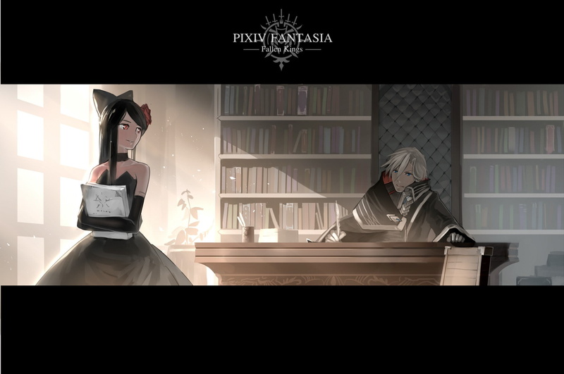 anime, short hair, Pixiv Fantasia: Fallen Kings, Pixiv Fantasia, long hair, black hair, 720P, grey hair, anime girls, red eyes