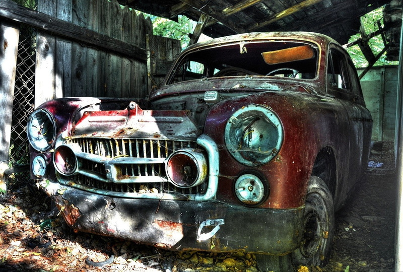 obsolete, land vehicle, ruined, abandoned, mode of transportation, car, retro styled, garage, rust, old, run-down, junkyard, no people, deterioration, transportation
