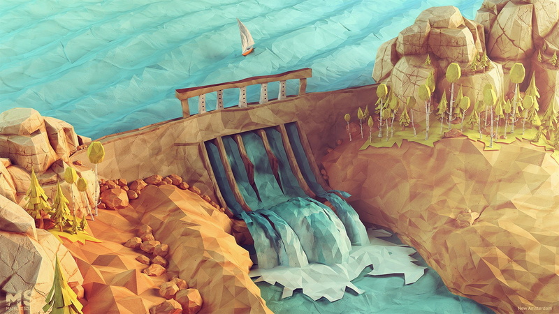 3d, 720P, rock, digital art, Dam, nature, Power plant, waterfall, landscape, Low Poly, Trees, Yachts, Mateusz Szulik