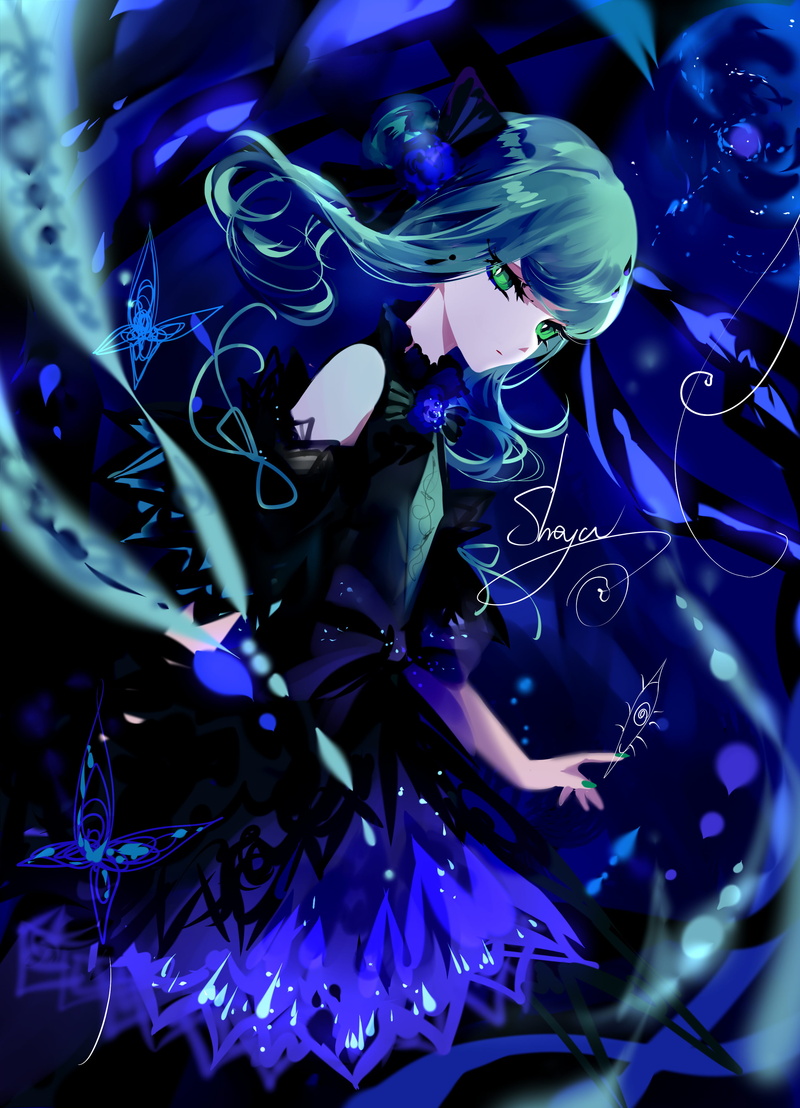 nail polish, bare shoulders, green eyes, dress, original characters, hair ornament, 2K, Turquise Hair, long hair, sheya, looking at viewer