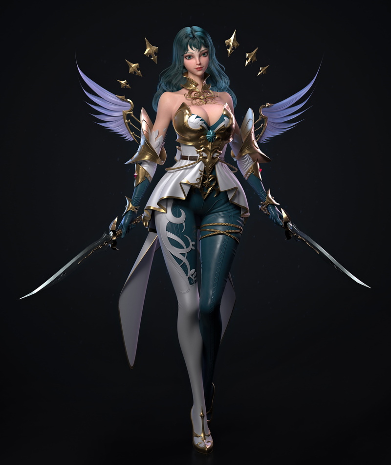 blue eyes, wings, CGI, simple background, turquise hair, turquoise eyes, women, Cifangyi, blue hair, long hair, sword, warrior, weapon, 4K, armor