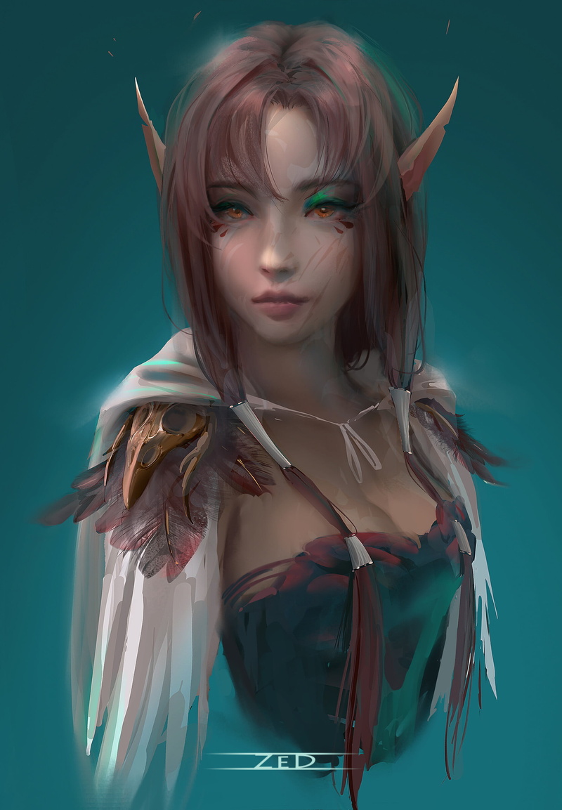 2K, face paint, Trungbui, feathers, simple background, drawing, pointy ears, portrait, elves, turquise background, brunette, brown eyes