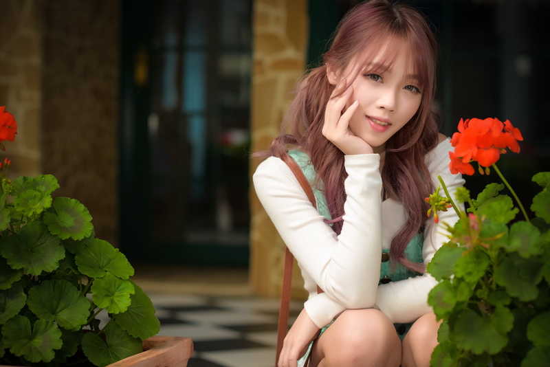 twintails, turquise dress, depth of field, brunette, Asian, squatting, 2K, bag, flowers, women, white shirt, long hair, model