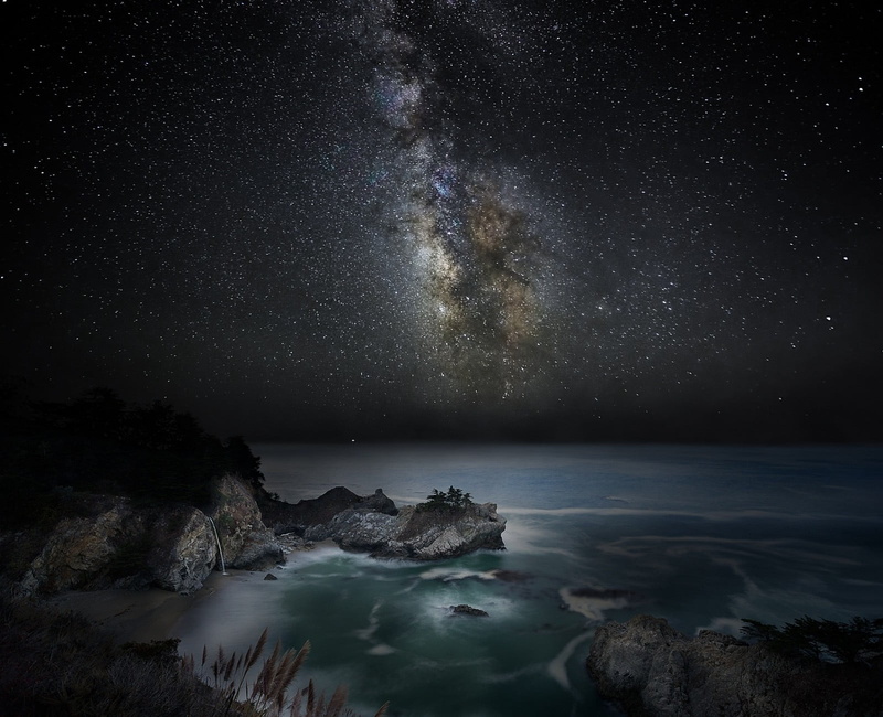 sky, space and astronomy, space, star, coast, astronomy, beach, waterfall, galaxy, starry night, Milky Way, sea, dark, landscape, rock, photography, tranquility
