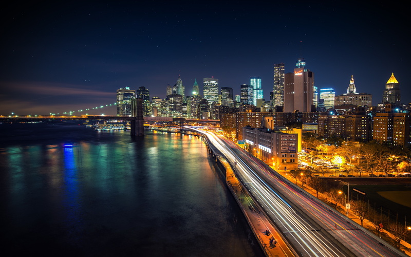 New York City, night, Manhattan, West Side Highway, Brooklyn Bridge, 4K
