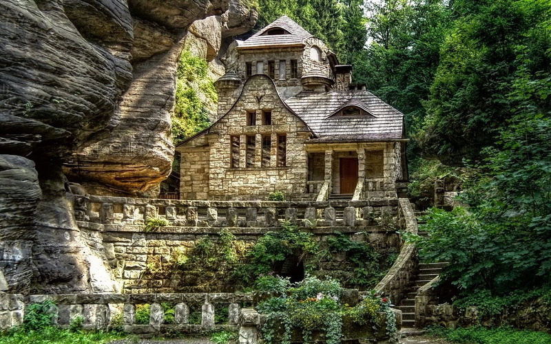 1080P, nature and landscapes, beautiful, drzewa, old, stary, house, skaly
