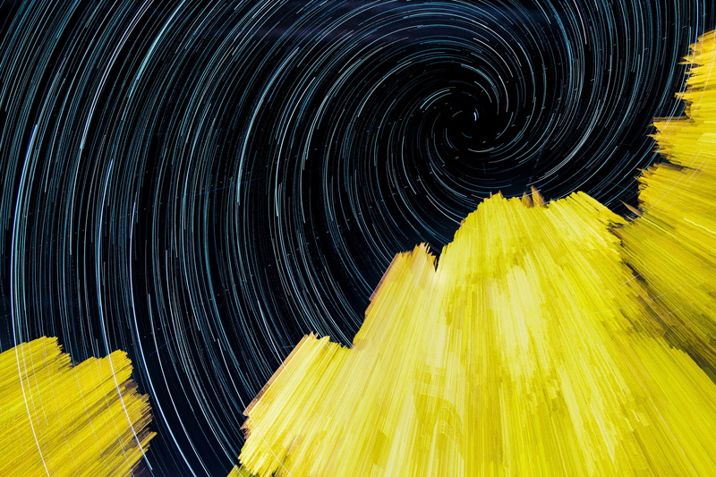 no people, night_sky, spiral, backgrounds, night, star trail, concentric, shape, landscape, startrail, blue, black, time, black color, geometric shape