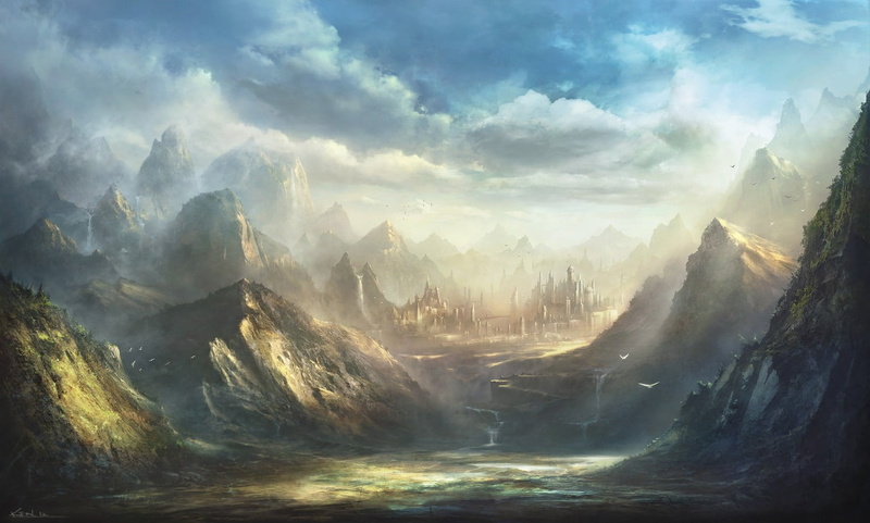 tranquility, fog, day, scenics - nature, idyllic, sky, mountain, nature, non-urban scene, no people, mountains, fantasy art, land, cloud - sky, fantasy city
